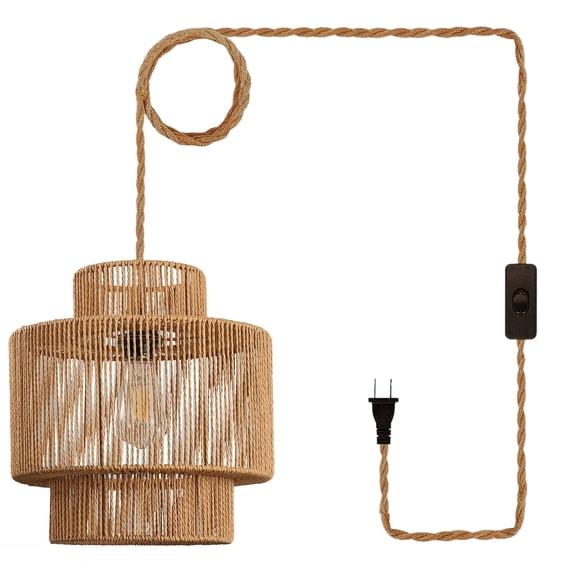 Boho Hanging Lamp Plug in : 14.7 ft Hanging Lights with Plug in Cord and On/Off Switch, Rattan Pendant Lamp for Living Room, Bedroom, Dining Room, Kitchen, E26 Base No Bulb