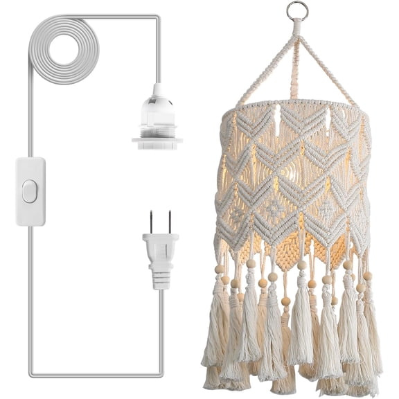 Boho Hanging Lamp Shade, Macrame Pendant Light, Handmade Boho Light Fixture with Plug-in Cord for Home Living Room, Bedroom, Kitchen
