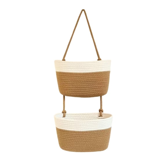 Boho Hanging Wall Storage Organizer with 2 Tier Woven Basket, Space Saving Caddy for Towels Clothes