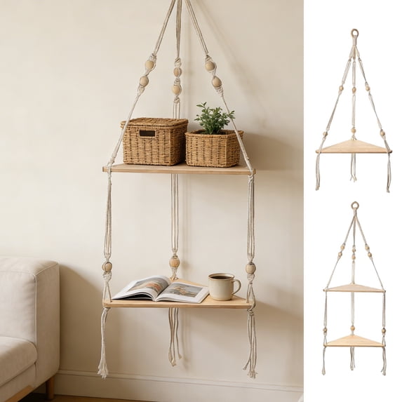 Boho Hanging Wooden Rope Shelf with Beads, Handwoven Wall Corner Plant Shelf Organizer for Small Spaces (1 or 2 Tier)