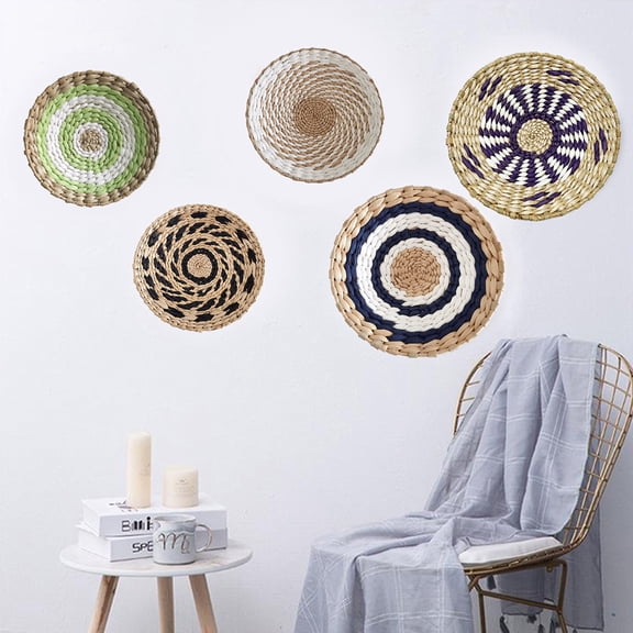 Boho Hanging Woven Wall Basket Set of 5, Handcrafted Round Bulrush Baskets for Boho Farmhouse Decorative Rustic Wall Decor Table Settings with Rope for Bedroom Living Room Kitchen