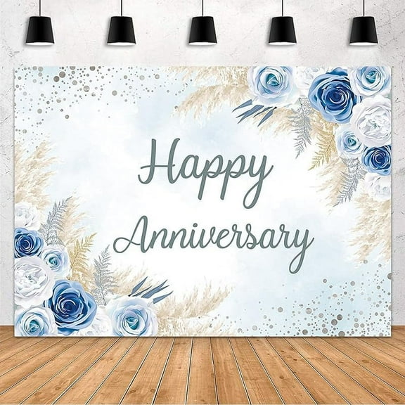 Boho Happy Anniversary Backdrop Blue Floral Bohemia Pampas Grass Anniversary Banner Cheers to Marriage Wedding Party Decorations Memorial Portrait Photo Booth Background