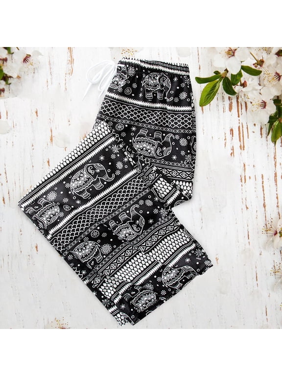 Boho Harem Pants Elephant Women Pants Thai Casual Clothing Wide Leg, Hippie Lady White Fish Scale
