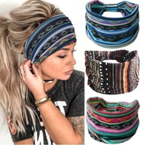 Boho Headbands Blue Stretch Wide Head Bands Knotted Turban Head Wraps Floral Elastic Headband Fashion Sweatband Head Scarfs for Women and Girls Pack of 3