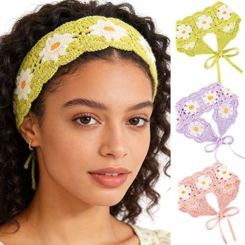 Boho Headbands Crochet Hair Bandanas Floral  bands Hippie Black Hair Scarfs Tie   Kerchief Knitted Solid Color Hairband Fashion Hair Accessories for Women 3 count (Floral)