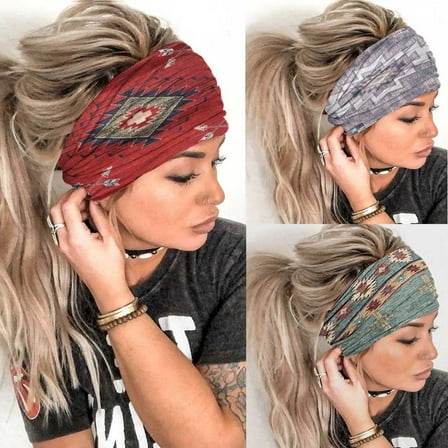 Boho Headbands Stretch Head Bands Wide Turban Headwraps Yoga Headband Fashion Hair Bands for women and Girls Pack of 3 (C Vintage)