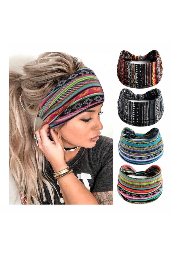 Boho Headbands For Women Fashion Stretch Wide Hair Bands Knoted Turban Head Yoga Running Sweatband Elastic Headband Stylish Wrap Accessories for Teen Girls 4 Pack
