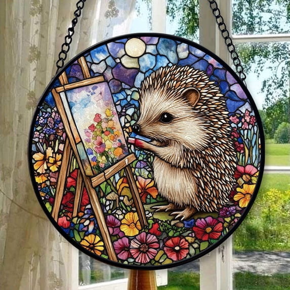 Boho Hedgehog Painter Stained Glass Window Hanging Suncatcher, Gothic Christmas Ornaments for Fiction Lovers, Dinosaur Room Decor for Nursery New Home Gifts, Stained Glass