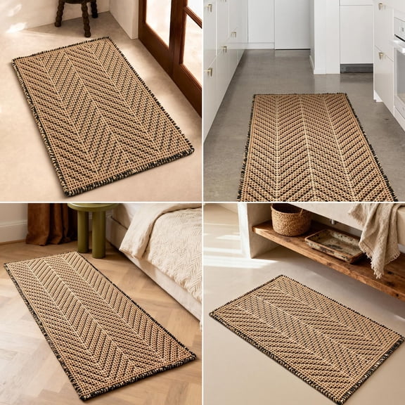 Boho Herringbone Waffle Bath Mat, Ultra Soft Non-Slip Bathroom Rug - Super Absorbent & Quick Dry, Washable Bath Rug for Bathroom