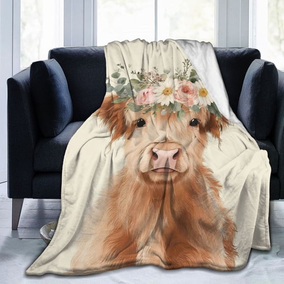 Boho Highland Cow Blanket Floral Crown Farmhouse Art Soft Flannel Fleece Decorative Blanket for Sofa Travel Living Room 50x40