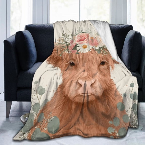Boho Highland Cow Blanket Floral Crown Farmhouse Art Soft Flannel Fleece Decorative Blanket for Sofa Travel Living Room 50x40