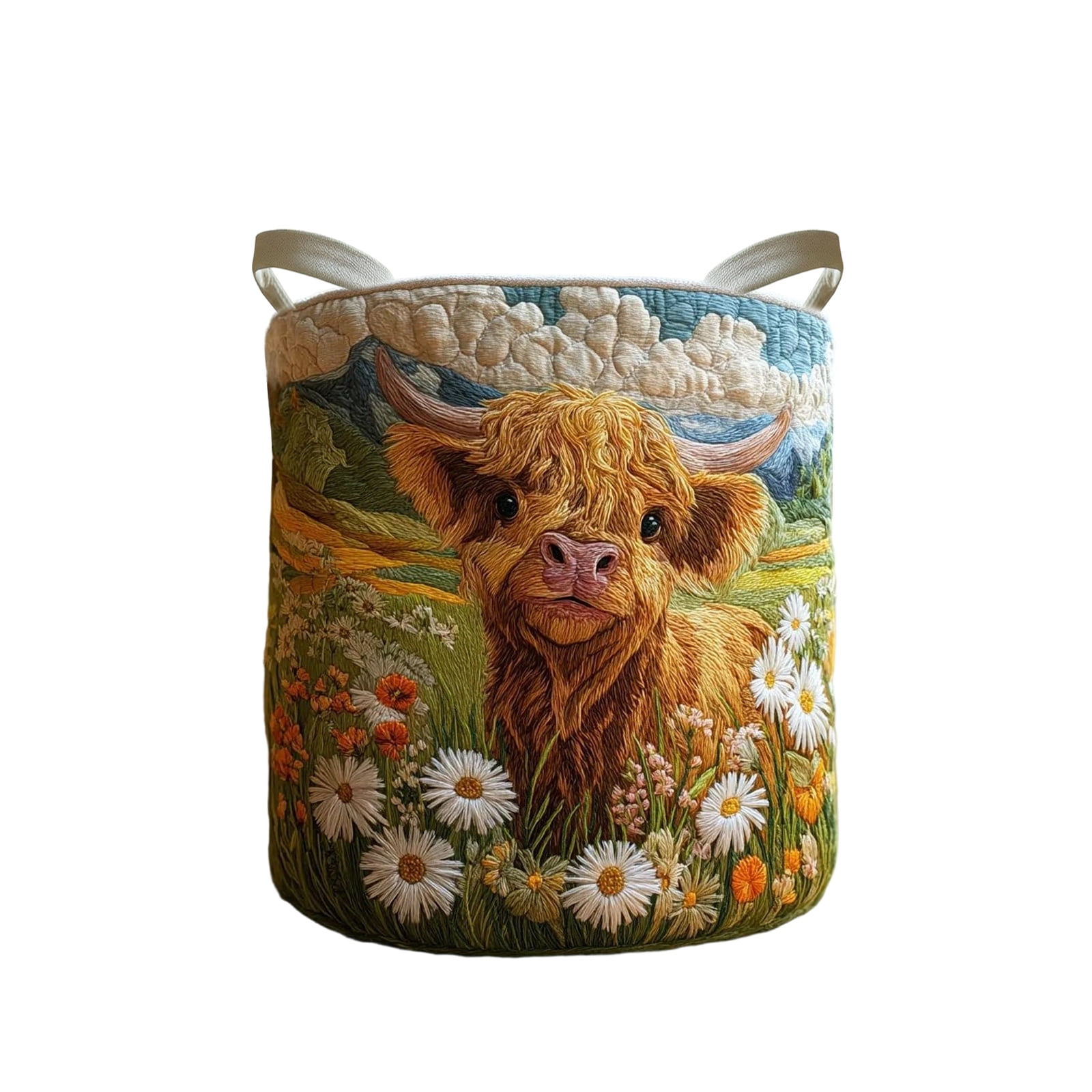 Boho Highland Cow Quilted Laundry Basket - 14x18in Fabric Storage Hamper with Handles, Aesthetic Pink Flower Clothes Organizer for Bedroom, Practical Easter Spring Home Decor Gift(A, 14*18IN)
