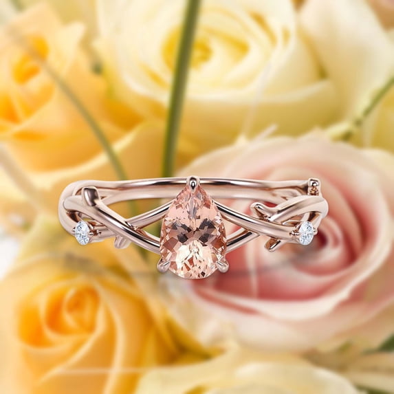 Boho & Hippie 1.10 Carat Pear Cut Morganite And Diamond Moissanite Unique Engagement Ring, Wedding Ring, Inspired And Branch Ring In 925 Sterling Silver With 18K Rose Gold Plating Gift For Her