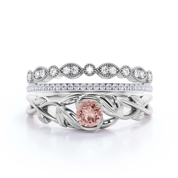 Boho & Hippie 1.50 Carat Round Morganite And Diamond Moissanite Leaf Inspired Engagement Ring, Wedding Ring In 925 Sterling Silver With 18K White Gold Plating Promise Ring, Trio Set, Matching Band