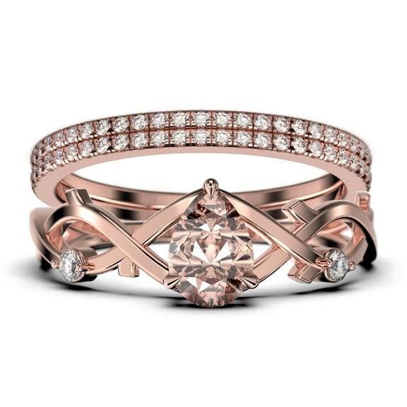 Boho & Hippie 2.10 Carat Pear Cut Morganite And Diamond Moissanite Unique Engagement Ring, Wedding Ring, Inspired And Branch Ring In 925 Sterling Silver With 18K Rose Gold Plating, Trio Ring Set