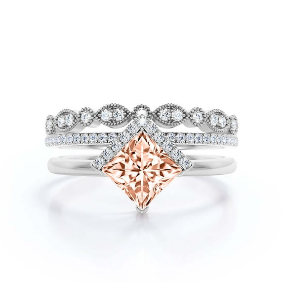 Boho & Hippie 2.50 Carat Princess Cut Morganite And Diamond Moissanite Dainty Engagement Ring, Classic Wedding Ring, Two Matching Band In 925 Sterling Silver With 18K White Gold Plating, Gift For Her