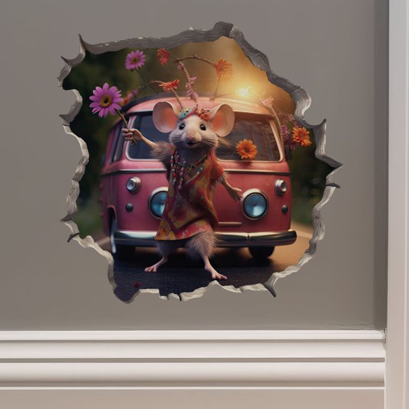 Boho Hippie Girl Mouse in Mouse Hole Decal - Mouse Hole 3D Wall Sticker