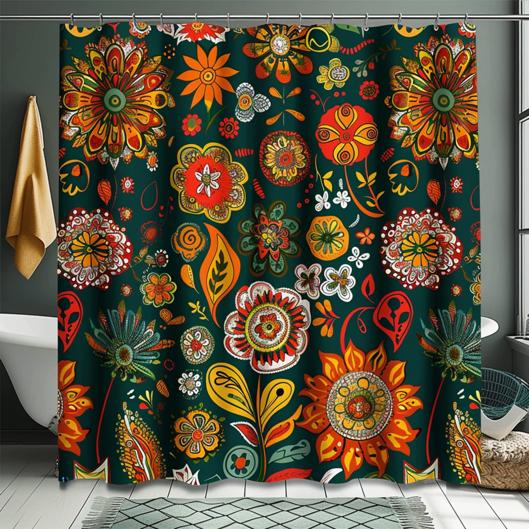 Boho Hippie Retro Folk Art Shower Curtain Vibrant Flower & Leaf Pattern