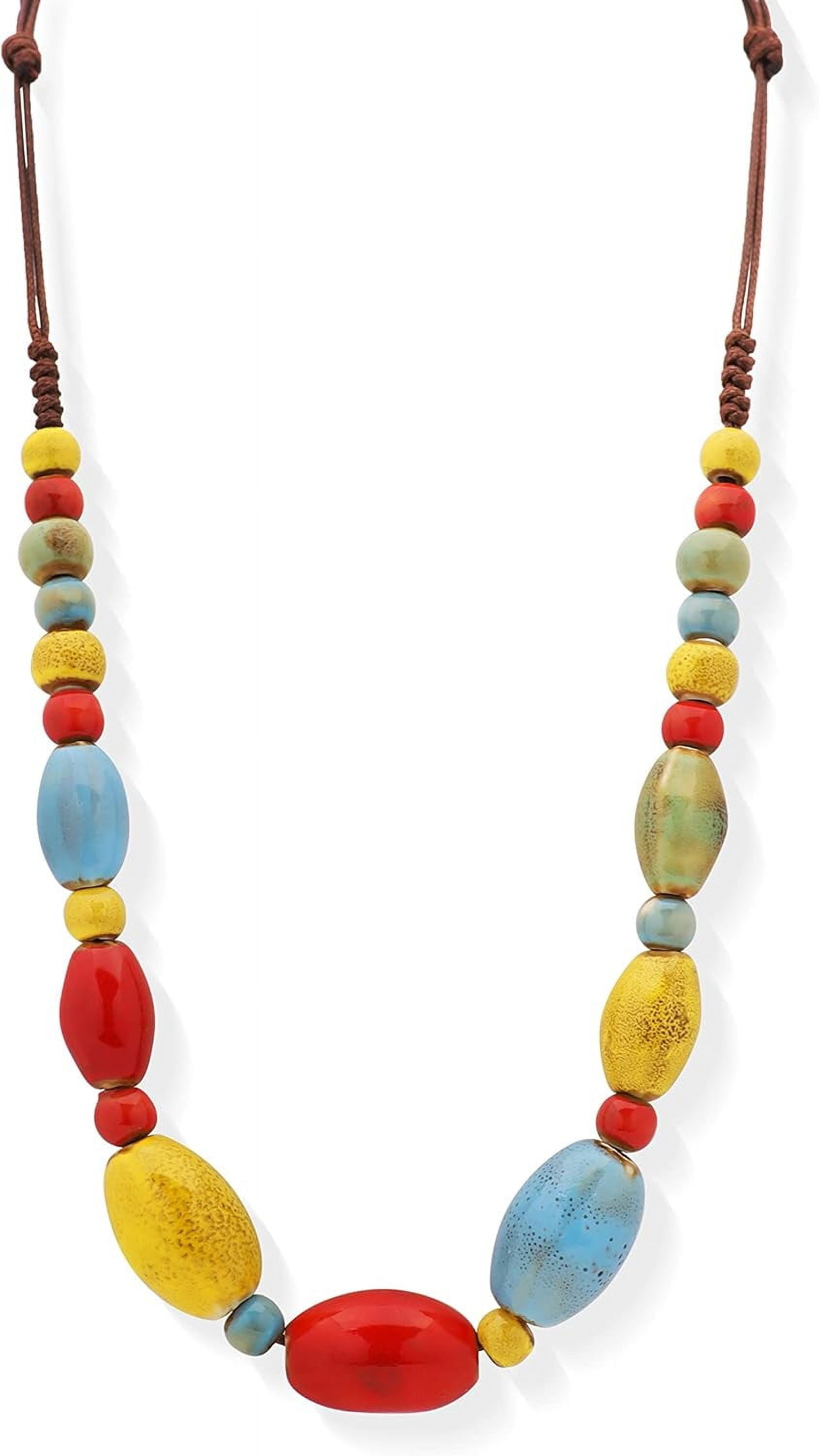 Boho Hippie Round Ceramic Beads Strand Necklace, Vintage Bohemian