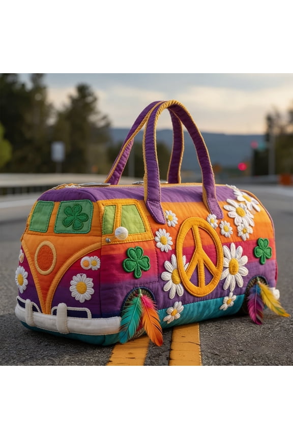 Boho Hippie Van Quilted Duffle Bag, 16 Inch Vintage Travel Week Overnight Bag with Adjustable Strap for Women