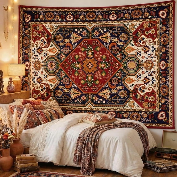 Boho Hippie Wall Tapestry for Bedroom Aesthetic, Mandala Indian Bohemian Tapestries Art Decor, Vintage Orange Floral Cool Vertical Wall Hanging for Living Room Dorm