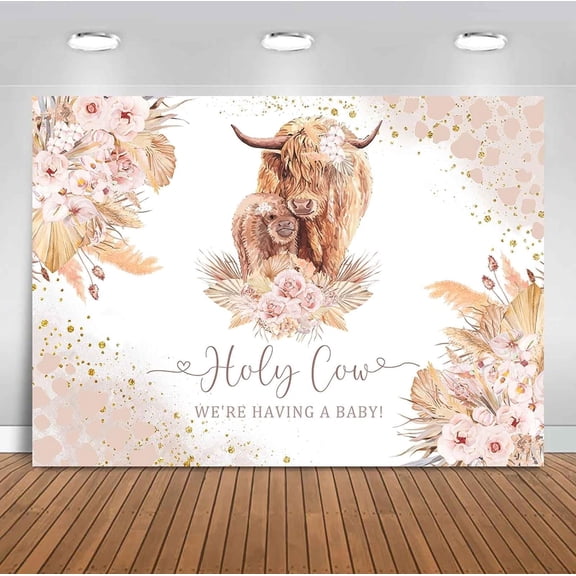 Boho Holy Cow Baby Shower Backdrop Highland Cow We are Having A Baby Bohemian Pink Floral Pampa Grass Photography Background Farm Animal Baby Shower Party Decorations Banner Supplies
