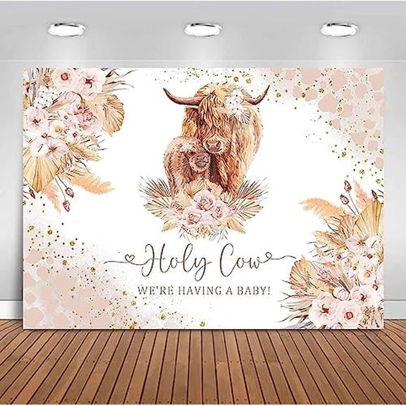 Boho Holy Cow Baby Shower Backdrop Highland Cow We are Having A Baby Bohemian Pink Floral Pampa Grass Photography Background Farm Animal Baby Shower Party Decorations Banner Supplies 8x6ft