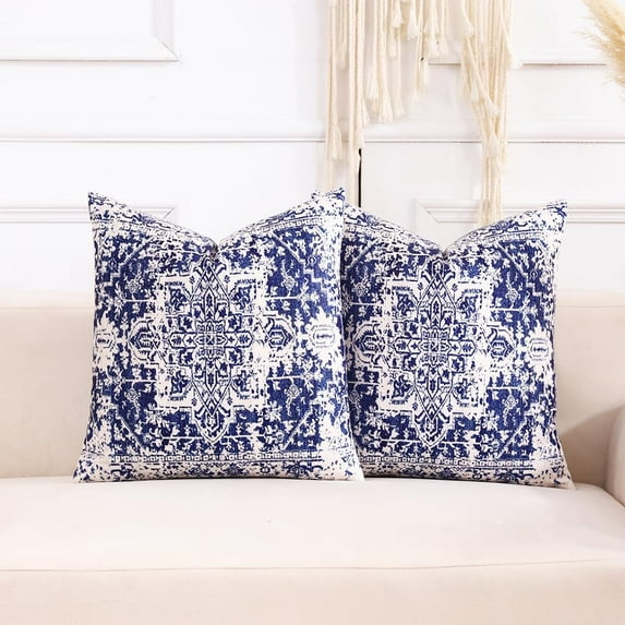 Boho Home Decor 16x16 Navy Blue and White Velvet Pillow Covers Set of 2 Cute Soft Decorative Throw Pillows 16 x 16 for Bedding Couch and Porch