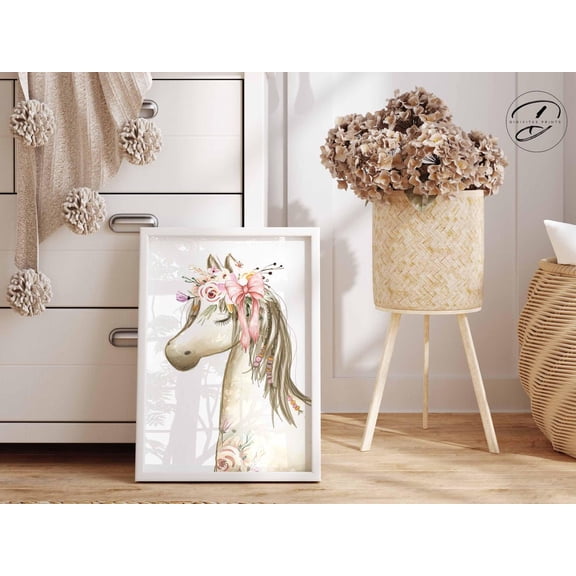 Boho Horse Nursery Wall Art, Nursery Print, Pastel Floral Horse Art, Girls Bedroom Decor, Horse Lover Print, Baby Girl Nursery, Horse Print Home Decor #358, Stretched Canvas Size 16x24