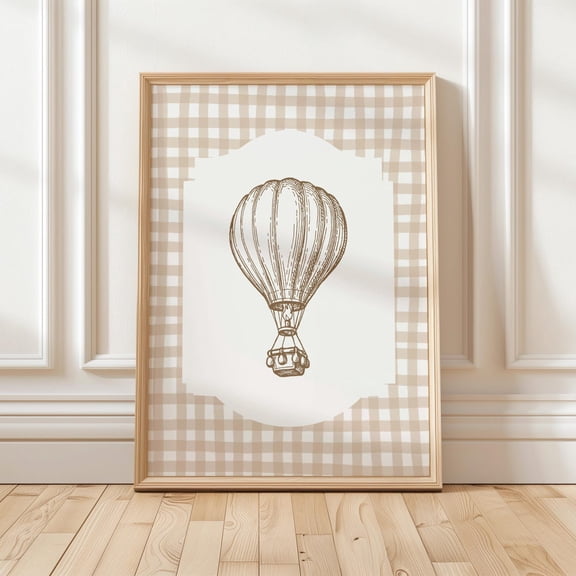 Boho Hot Air Balloon Print Gingham Pattern Nursery Wall Decor Unframed Paper Print