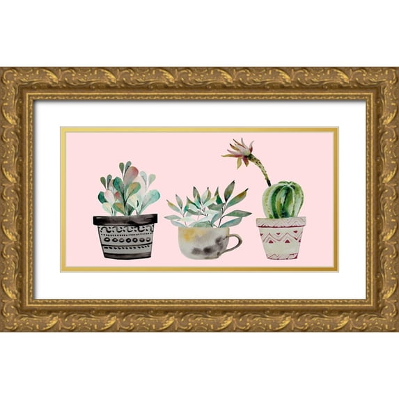 Boho Hue Studio 14x9 Gold Ornate Wood Framed with Double Matting Museum Art Print Titled - Succulant Trio