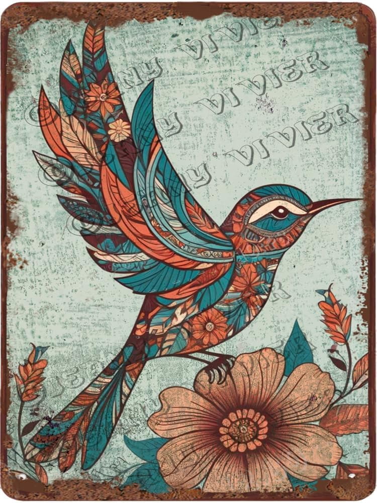 Boho Hummingbird Aluminum Sign Vintage Garden Wall Decor Boho Wall Art ...