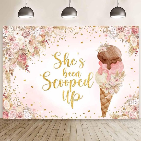 Boho Ice Cream Bridal Shower Backdrop Summer She's Been Scooped Up Wedding Background Bohemia Flowers Blush Pink Gold Glitter Dots Engagement Party Decorations Banner Photo Booth Props