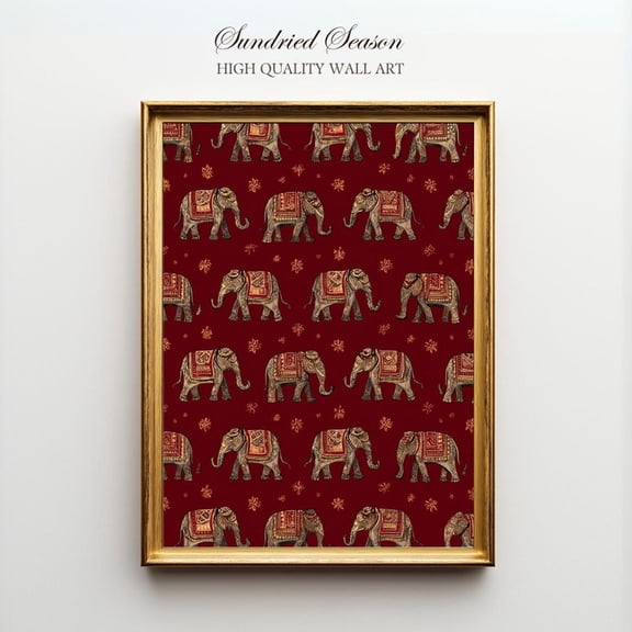 Boho Indian Elephant Art Maroon Wall Decor Exotic Bohemian Motif, Stretched Canvas 12x16in