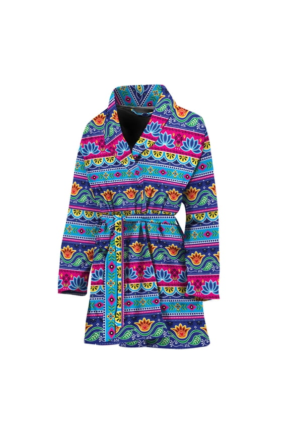 Boho Indian Lotus Pattern Women Bathrobe One Size Univeral Fits, Lotus Floral Fashion Lightweight Plush Fleece Long Robe For Women