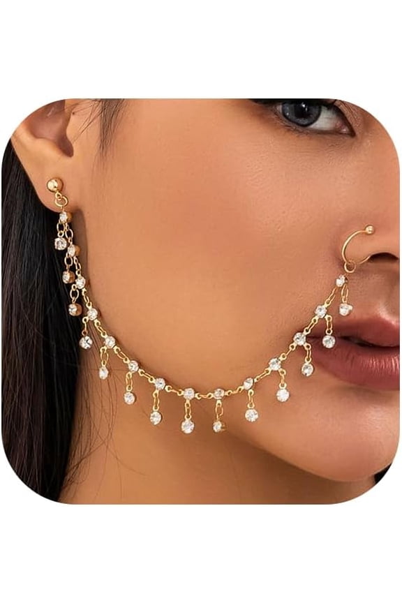 Boho Indian Nose Rings Earrings for Women Sexy Gold Crystal Pearl Star Chain Nose Ring Ear Cuffs Stud Earrings Jewelry