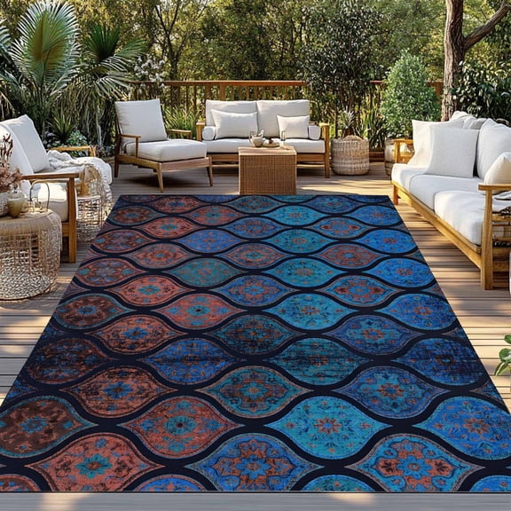 Boho Indoor Outdoor Rugs 4x6 Ft, Moroccan Trellis Blue Red Black Geometric Flower Texture Outdoor Patio Rugs Mat Washable Outside Area Rugs Carpet for Porch Deck RV Camping Pool Balcony Backyard