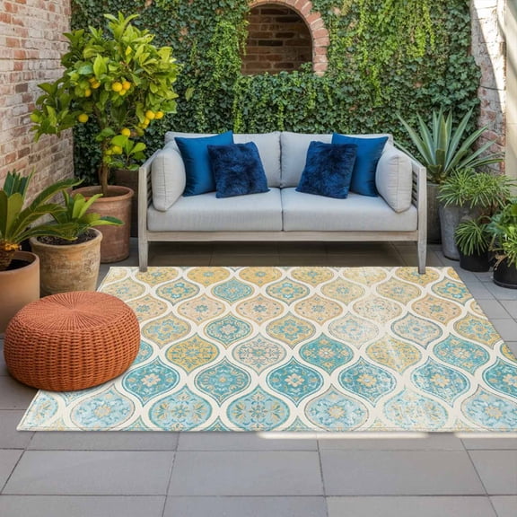 Boho Indoor Outdoor Rugs 4x6 Ft, Moroccan Trellis Yellow Argyle Geometric Flower Texture Outdoor Patio Rugs Mat Washable Outside Area Rugs Carpet for Porch Deck RV Camping Pool Balcony Backyard