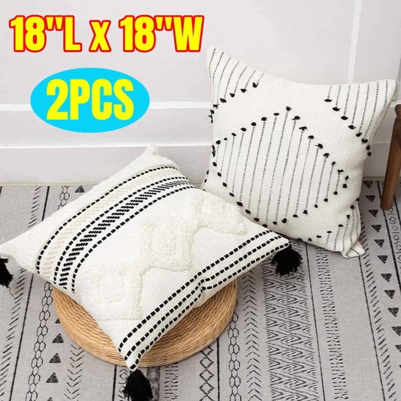 Boho Indoor Outdoor Throw Pillow Covers 18X18 Set of 2, Farmhouse Decorative Pillow Covers for Couch Sofa Living Room, Black & Cream White