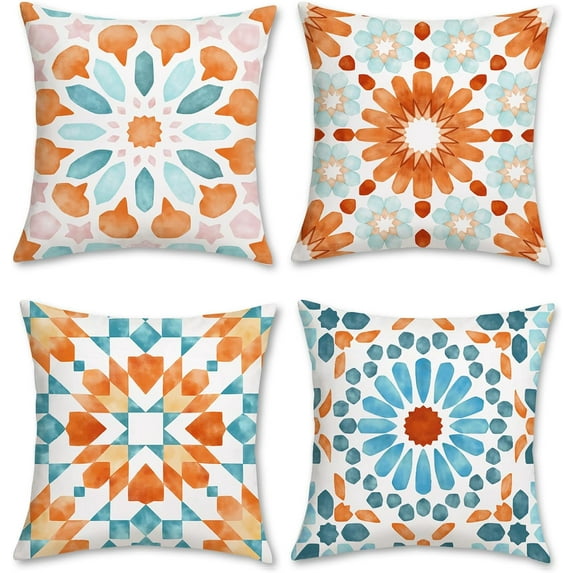 Boho Indoor Pillow Covers 18x18 Inch Set of 4 Orange Mandala Decorative Throw Pillow Cases Soft Velvet for Sofa Couch Garden Bedroom Home Decor