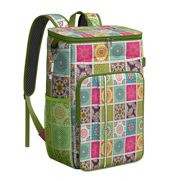Boho Insulated Cooler Backpack 20L - Vintage Floral Tribal Folk Style Soft Cooler Bag, Leakproof Camping & Picnic Backpack with Long-Lasting Insulation, Holds 26 Cans for Beach & Outdoor