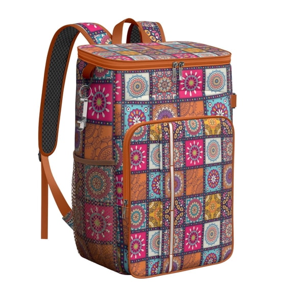 Boho Insulated Cooler Backpack 20L - Vintage Floral Tribal Folk Style Soft Cooler Bag, Leakproof Camping & Picnic Backpack with Long-Lasting Insulation, Holds 26 Cans for Beach & Outdoor