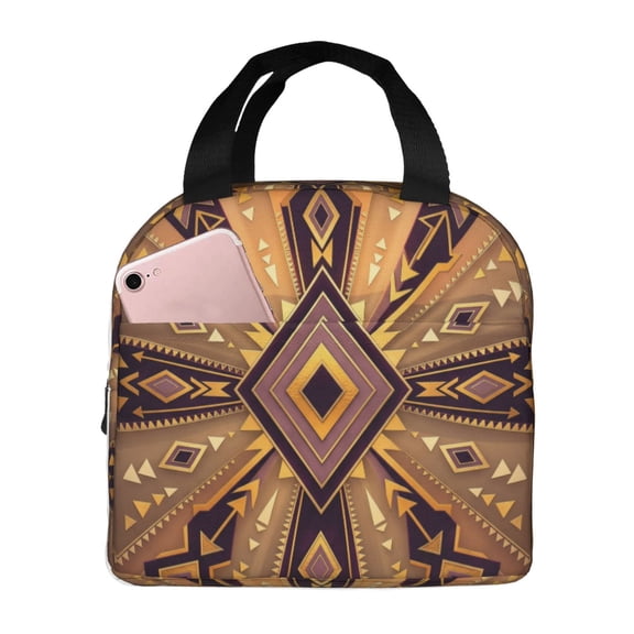 Boho Insulated Lunch Box Vintage Tribal Pattern Reusable Cooler Handbag With Front Pocket Thermal Meal Prep Tote For Women Men Work Office Daily Chic