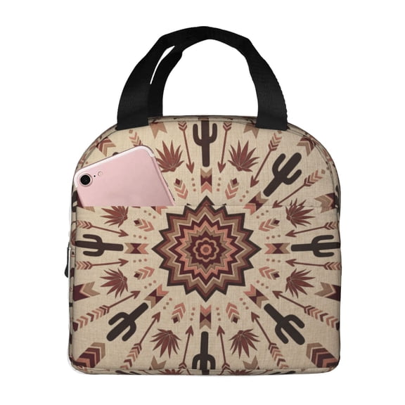 Boho Insulated Lunch Box Vintage Tribal Pattern Reusable Cooler Handbag With Front Pocket Thermal Meal Prep Tote For Women Men Work Office Daily Chic