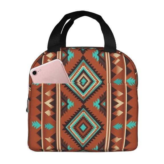 Boho Insulated Lunch Box Vintage Tribal Pattern Reusable Cooler Handbag With Front Pocket Thermal Meal Prep Tote For Women Men Work Office Daily Chic