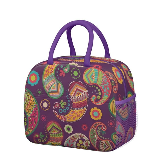 Boho Insulated Lunch Tote - Ethnic Paisley Floral Print Thermal Lunch Bag, Leakproof & Waterproof, Reinforced Handles & Metal Zipper, Portable & Spacious for Meal Preppers, Commuters