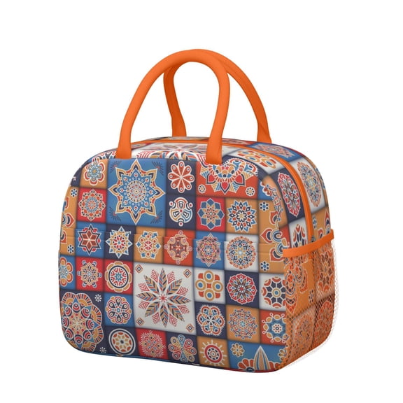 Boho Insulated Lunch Tote - Waterproof & Thermal Reusable Lunch Bag with Floral Vintage Patterns, Leakproof Spacious Food Storage for Office, Work, School, Picnic (Colorful Tribal Folk Style)