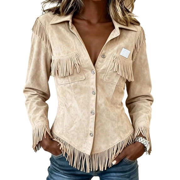 Boho Jackets for Women Long Sleeve Western Fringe Shacket Suede Barn Jackets, M