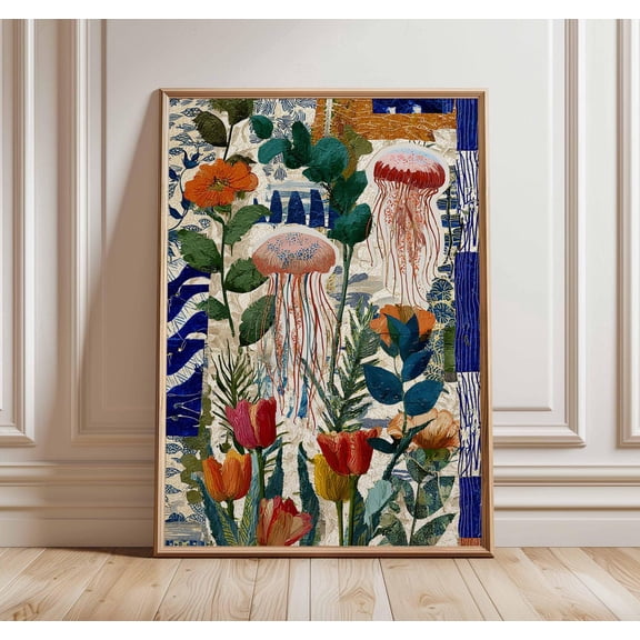 Boho Jellyfish Colorful Botanical Ocean Collage Nature Eclectic Coastal Unframed Paper Print