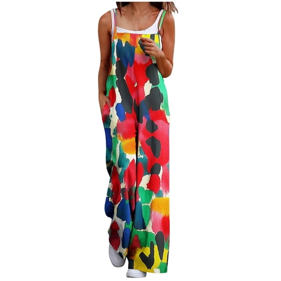 Boho Jumpsuit for Women Pockets Printed Casual Loose Spaghetti Strap Sleeveless Wide Leg Baggy Long Pants Summer Rompers Red A S-3XL